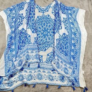 Breezy Lane Womens Kimono Beach Cover‎ Up Blue White Fringe